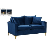 Meridian Furniture Naomi Collection Modern | Contemporary Velvet Upholstered Loveseat With Stainless Steel Base In A Rich Gold Or Chrome Finish, Navy