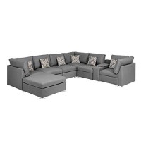 Lilola Home Amira Gray Fabric Reversible Modular Sectional Sofa With Usb Console And Ottoman