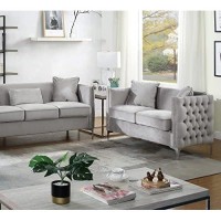 Lilola Home Bayberry Gray Velvet Loveseat With 2 Pillows, Nail-Head Trim, Chrome Metal Legs