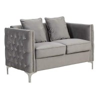 Lilola Home Bayberry Gray Velvet Loveseat With 2 Pillows, Nail-Head Trim, Chrome Metal Legs