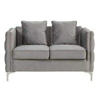 Lilola Home Bayberry Gray Velvet Loveseat With 2 Pillows, Nail-Head Trim, Chrome Metal Legs