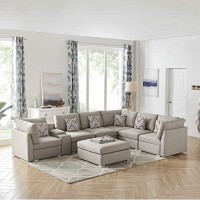 Lilola Home Amira Beige Fabric Reversible Modular Sectional Sofa With Usb Console And Ottoman
