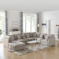 Lilola Home Amira Beige Fabric Reversible Modular Sectional Sofa With Usb Console And Ottoman