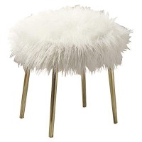 Benjara Faux Fur Upholstered Contemporary Metal Ottoman, White And Gold