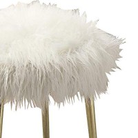 Benjara Faux Fur Upholstered Contemporary Metal Ottoman, White And Gold