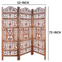 Tup The Urban Port Handcrafted 3 Panel Mango Wood Screen With Cutout Filigree Carvings, Brown