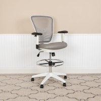 Mid-Back Light Gray Mesh Ergonomic Drafting Chair With Adjustable Chrome Foot Ring, Adjustable Arms And White Frame