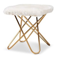 Baxton Studio Valle Glam And Luxe White Faux Fur Upholstered Gold Finished Metal Ottoman