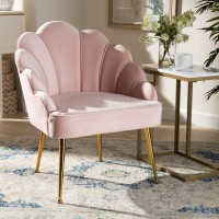 Baxton Studio Cinzia Glam And Luxe Light Pink Velvet Fabric Upholstered Gold Finished Seashell Shaped Accent Chair