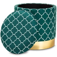 Baxton Studio Serra Glam And Luxe Teal Green Quatrefoil Velvet Fabric Upholstered Gold Finished Metal Storage Ottoman