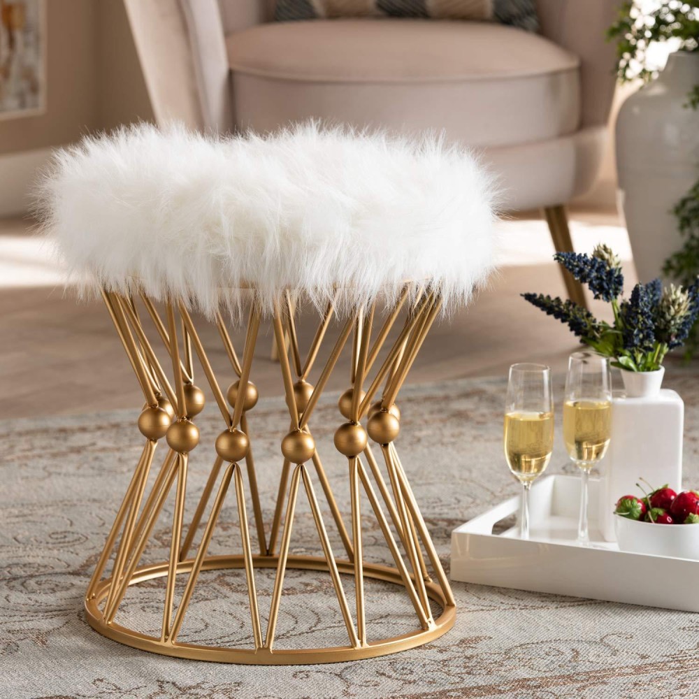 Baxton Studio Leonie Faux Fur Upholstered Gold Finish Metal Ottoman In White