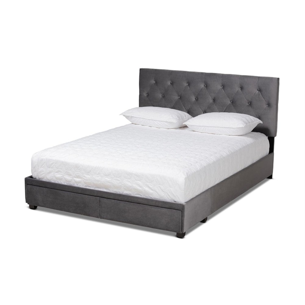 Baxton Studio Caronia Modern And Contemporary Grey Velvet Fabric Upholstered 2-Drawer Queen Size Platform Storage Bed