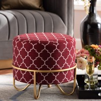 Baxton Studio Candice Glam And Luxe Red Quatrefoil Velvet Fabric Upholstered Gold Finished Metal Ottoman