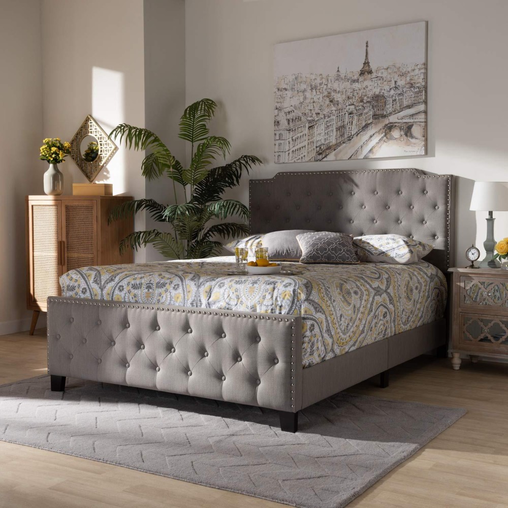 Baxton Studio Marion Full Size Grey Upholstered Button Tufted Panel Bed