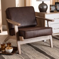 Baxton Studio Sigrid Mid-Century Modern Dark Brown Faux Leather Effect Fabric Upholstered Antique Oak Finished Wood Armchair