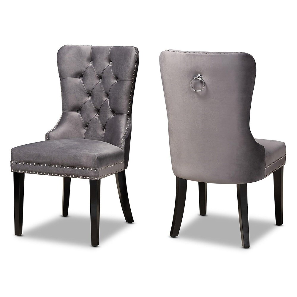 Baxton Studio Set Of 2 Remy Grey Velvet Upholstered Espresso Wood Dining Chairs