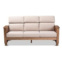 Baxton Studio Charlotte Modern Classic Mission Style Taupe Fabric Upholstered Walnut Brown Finished Wood 3-Seater Sofa