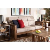 Baxton Studio Charlotte Modern Classic Mission Style Taupe Fabric Upholstered Walnut Brown Finished Wood 3-Seater Sofa