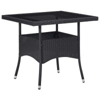 Vidaxl Outdoor Dining Table, Patio Table With Glass Top, Garden Table With Storage, Garden Furniture For Front Porch Deck Lawn Backyard, Pe Rattan Black