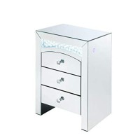 Benjara Mirrored Wooden Night Table With Three Storage Drawers And Knobs, Silver