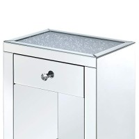 Benjara Mirrored Wooden Night Table With One Drawer And Bottom Shelf, Silver