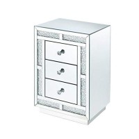 Benjara Mirrored Wooden Night Table With Flat Base And Three Drawers, Silver