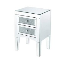 Benjara Wooden Night Table With Two Spacious Drawers And Tapered Legs, Silver
