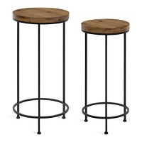 Kate And Laurel Espada Rustic Round End Table, Set Of 2, Rustic Wood And Black Metal Frame, Farmhouse-Inspired Home Accent