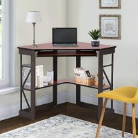 Vecelo Corner Computer Desk Writing Smooth Keyboard Tray & Storage Shelves, Compact Home Office Table,Teak