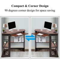 Vecelo Corner Computer Desk Writing Smooth Keyboard Tray & Storage Shelves, Compact Home Office Table,Teak