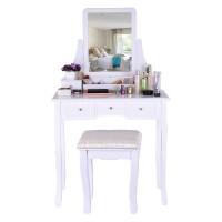 Xgao Vanity Set Dressing Table With 360E Pivoting Mirror Crystal Knob & Stool Makeup Dresser Delicate Cushioned Benches Wood Legs Make Up Tables With 5 Drawers 2 Dividers