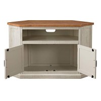 Benjara Rustic Wooden Corner Tv Stand With Two Door Cabinet, White And Brown