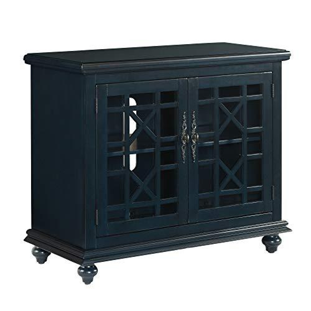 Benjara Transitional Wood And Glass Tv Stand With Trellis Cabinet Front, Blue
