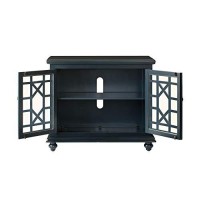 Benjara Transitional Wood And Glass Tv Stand With Trellis Cabinet Front, Blue
