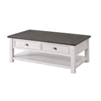 Benjara Coastal Rectangular Wooden Coffee Table With Two Drawers, White And Gray