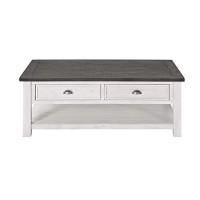 Benjara Coastal Rectangular Wooden Coffee Table With Two Drawers, White And Gray