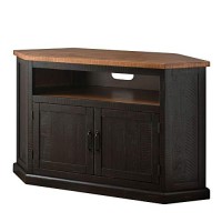 Benjara Rustic Style Wooden Corner Tv Stand With Two Door Cabinet, Black And Brown