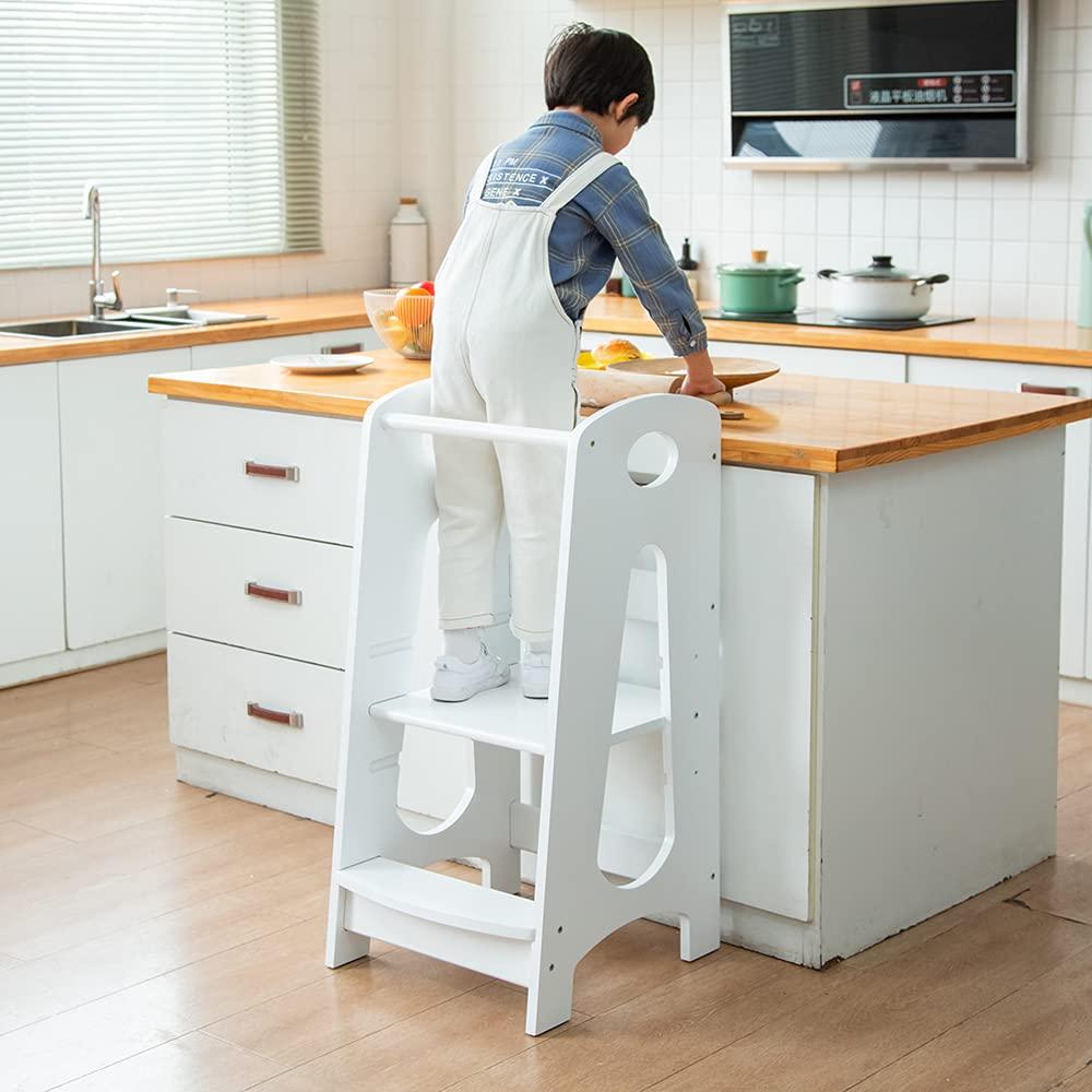 Katarus Kitchen Step Stool For Kids And Toddlers With Safety Rail Children Standing Tower For Kitchen Counter, 3 Heights Adjustable Solid Wood Step Up Learning Stool Mother'S Helper, Solid Wood, White