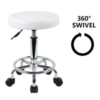 Kktoner Pu Leather Modern Round Rolling Stool With Footrest Height Adjustable Spa Drafting Salon Tattoo Work Massage Stools Task Chair Small (White)