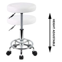 Kktoner Pu Leather Modern Round Rolling Stool With Footrest Height Adjustable Spa Drafting Salon Tattoo Work Massage Stools Task Chair Small (White)