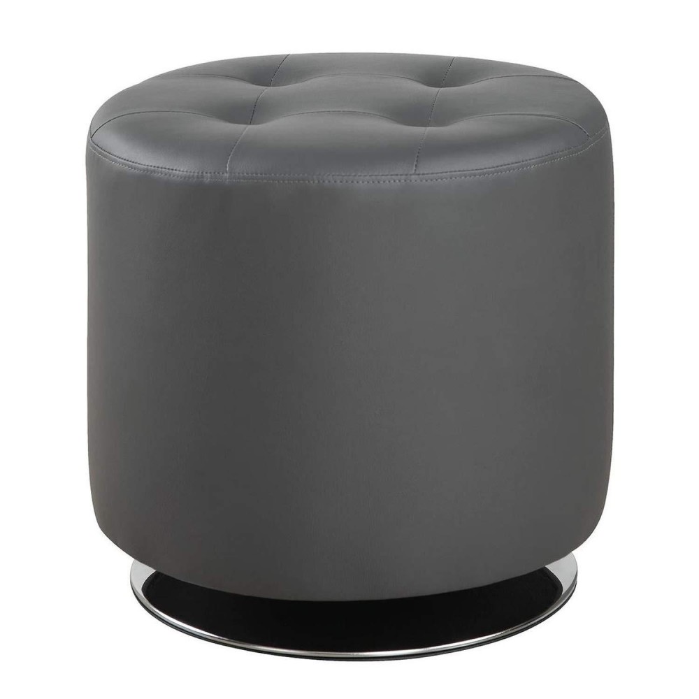 Benjara Round Leatherette Swivel Ottoman With Tufted Seat, Gray And Black