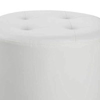 Benjara 18 Inch Round Swivel Ottoman, Vegan Faux Leather, Tufted Seat, White And Chrome