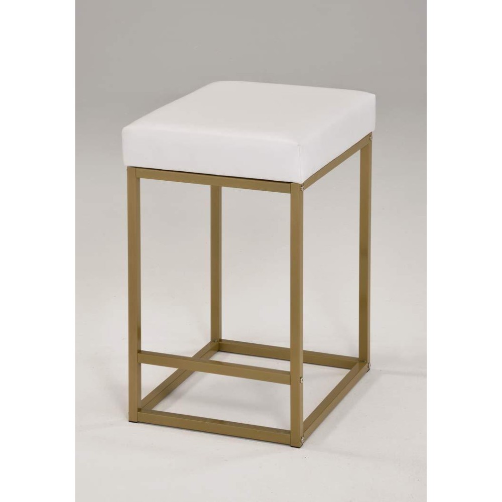 Counter Height Bar Stool With White Bonded Leather Cushion And Gold Metal Base, 1 Chair (24 Height)