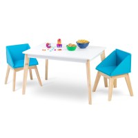 Wildkin Kids White Modern Table And Chair Set For Boys And Girls, Mid-Century Modern Activity Table Set Includes Two Matching Blue Chairs, Features Stain-Resistant Top And Solid Natural Wood Legs,