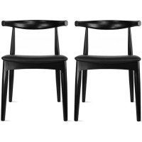 2Xhome Contemporary Farmhouse Real Solid Wood Pu Leather Cushion Seat Mid Century Modern Dining Chairs Desk Armless No Arm Elbow Side Chair For Living Room Bedroom Kitchen Office (Black X2)