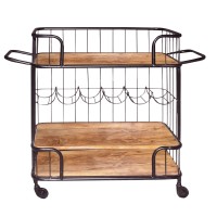 The Urban Port Tup Metal Frame Bar Cart With Wooden Top And 2 Shelves, Black And Brown