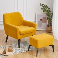 Fuente Luz Upholstered Accent Club Yellow Chair With Free Ottomanwooden Deep Walnut Leg Comfy Reading Armchair For Free Footrest Cotton Linen Like Fabric Single Sofa For Living Room Bedroom