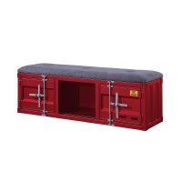 Benjara 2 Metal Door Storage Bench With Open Compartment And Fabric Upholstery, Red And Gray