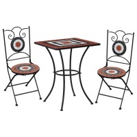 Vidaxl Mosaic Bistro Set 3 Piece, Patio Furniture Set, Round Table And Folding Chairs, Outdoor Conversation Set For Garden, Ceramic Tile Terracotta And White