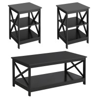 Yaheetech Wood Living Room 3-Piece Table Sets - Includes X-Design Coffee Table & Two 3-Tier End Side Tables, Easy Assembly Home Accent Furniture